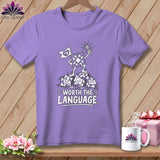 T-shirt graphic: quilted square character standing on sad dice with text 
