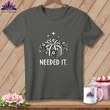 Gray t-shirt with stacked fabric bundles and the text 
