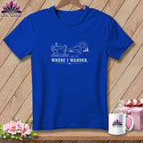 Royal blue t-shirt with a white line drawing of a sewing machine and mountains with text 