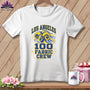 White short-sleeve t-shirt with blue and yellow Los Angeles 100 Fabric Crew graphic on wooden background.