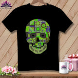 Black t-shirt with a quilted skull design and 