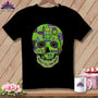 Black t-shirt with a quilted skull design and "Quilt 'Til You Drop" text.