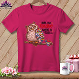 Fuchsia t-shirt with owl graphic and text 