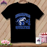 Black t-shirt featuring blue text reading Indianapolis Quilter with a white horse and thread spool graphic.