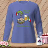 Grinch hands decorate fabric with lights, holding beer. Text reads 