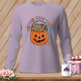 Purple long sleeve shirt with jack-o'-lantern filled with spools of thread and text 