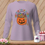 Purple long sleeve shirt with jack-o'-lantern filled with spools of thread and text "Better Than Candy".