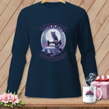 Navy long sleeve shirt with owl on sewing machine and 