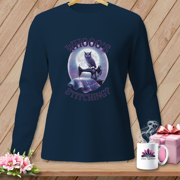 Navy long sleeve shirt with owl on sewing machine and "Whooo's Stitching?" text.