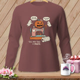 Halloween pumpkin using a sewing machine, with ghosts saying 