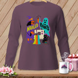 Purple long-sleeve shirt with witch, ghost, sewing machine, and 