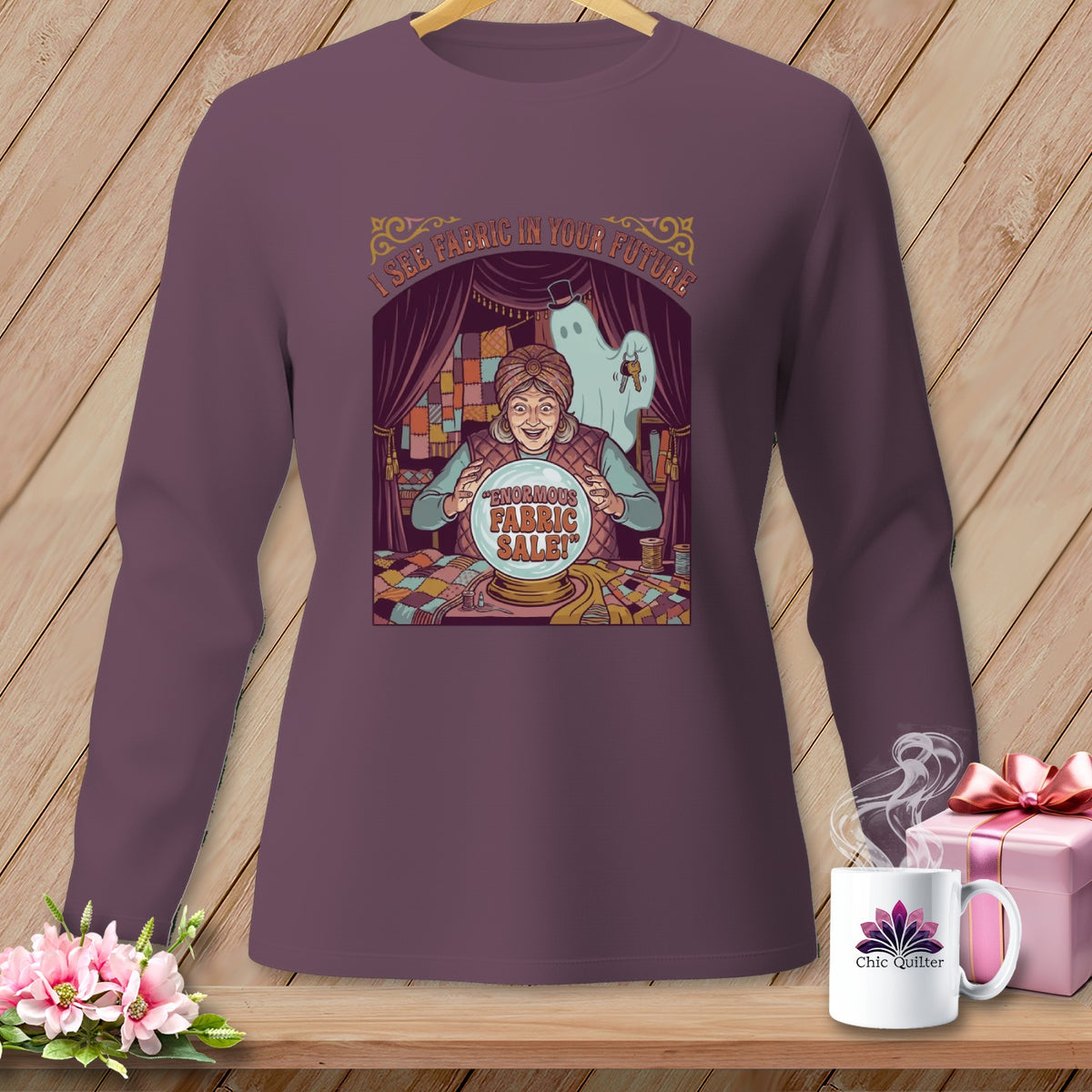 Fortune teller and ghost graphic with text "Enormous Fabric Sale!" and "I See Fabric In Your Future".