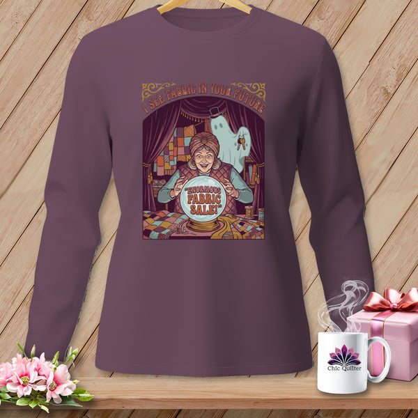 Fortune teller and ghost graphic with text "Enormous Fabric Sale!" and "I See Fabric In Your Future".