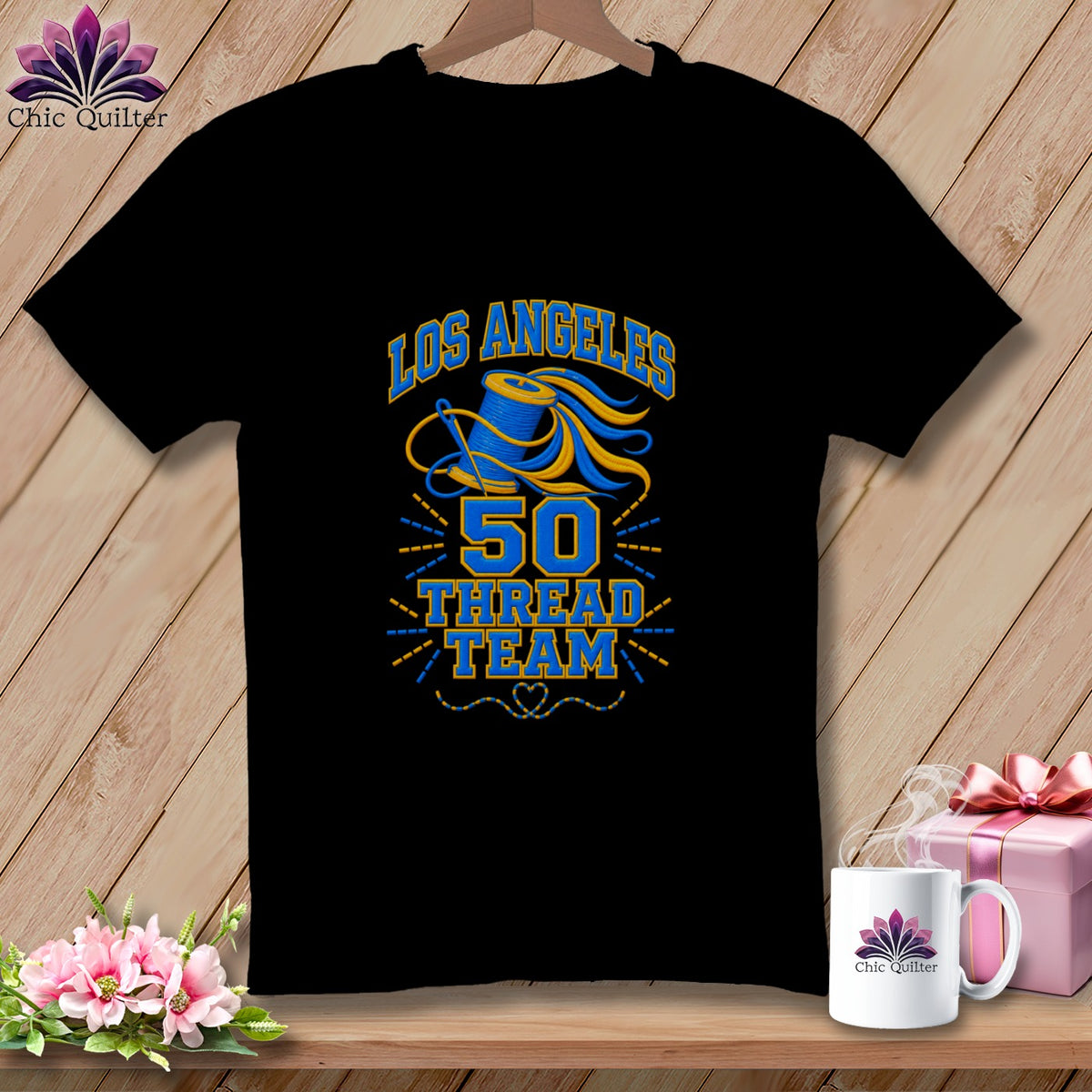 Black t-shirt featuring a blue and yellow Los Angeles 50 Thread Team graphic on the chest.