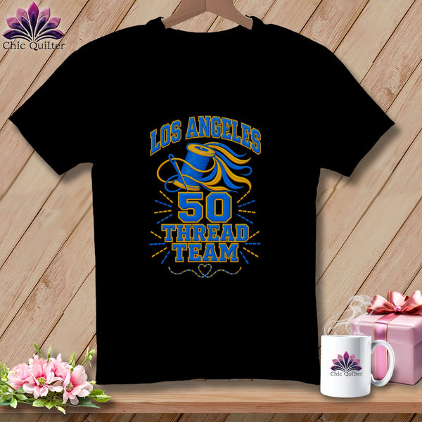 Black t-shirt featuring a blue and yellow Los Angeles 50 Thread Team graphic on the chest.