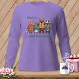 Lavender long sleeve shirt with fox, squirrel, bear, and badger graphic saying 