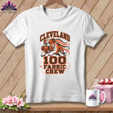 White crewneck t-shirt featuring a Cleveland 100 Fabric Crew graphic with a bulldog holding a spool of thread.