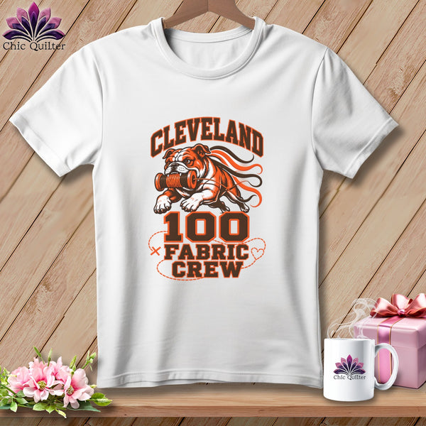 White crewneck t-shirt featuring a Cleveland 100 Fabric Crew graphic with a bulldog holding a spool of thread.