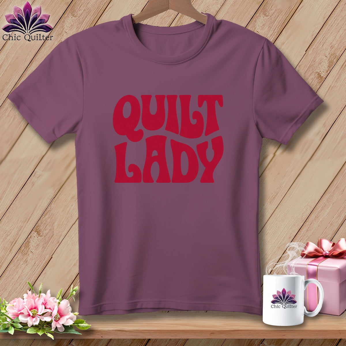 Maroon t-shirt with "Quilt Lady" in red retro font.