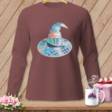 Quilted witch hat graphic on a brown long-sleeve t-shirt with sewing and gift details.