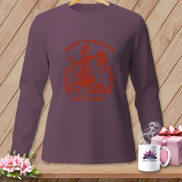 Purple long-sleeve shirt with "Rest in Pieces Bitches" graphic.
