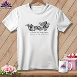 White t-shirt with a mermaid illustration holding fabric and text 