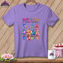 Purple t-shirt with graphic of four colorful cartoon birds and the text Birds of a Fabric Flock Together.
