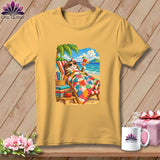 Gold t-shirt featuring a graphic of a cat in sunglasses relaxing on a beach lounge chair under a quilt.