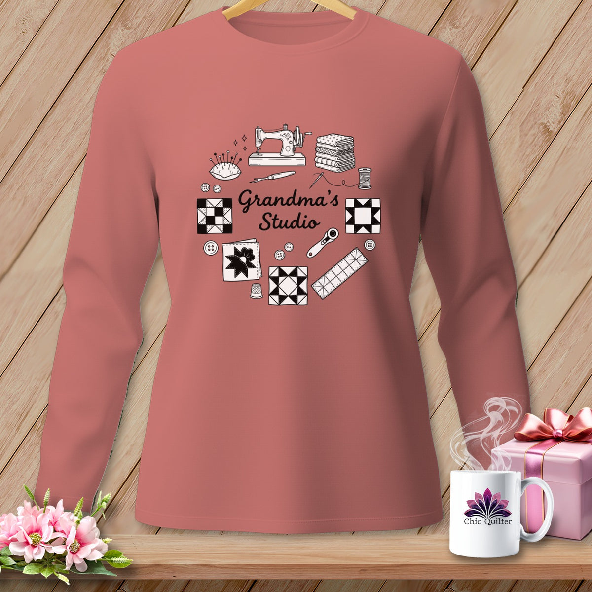 Long sleeve shirt with quilting motifs and "Grandma's Studio" text.