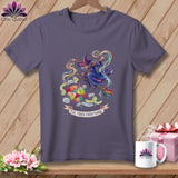 T-shirt with witch on broom, patchwork, and text 