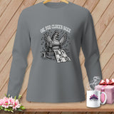 Grey long-sleeve shirt with a distressed chicken and sewing machine graphic and text 