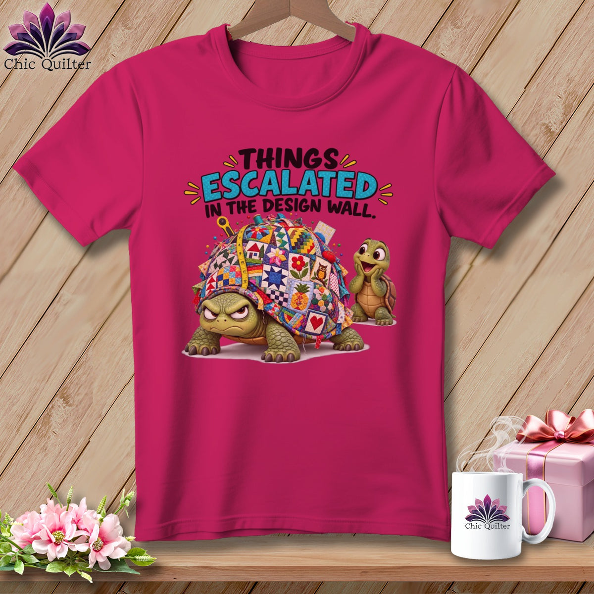 Fuchsia t-shirt with cartoon turtles and text "THINGS ESCALATED IN THE DESIGN WALL."
