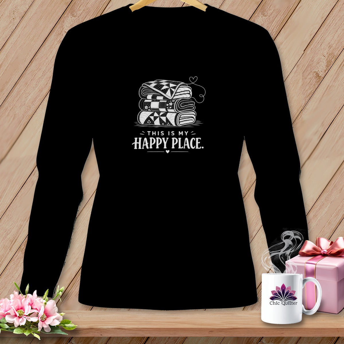 Black long sleeve shirt with stacked quilts graphic and "This is my happy place" text.
