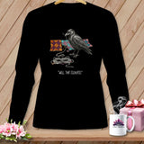 Black long-sleeve shirt with a crow, quilt squares, and text 