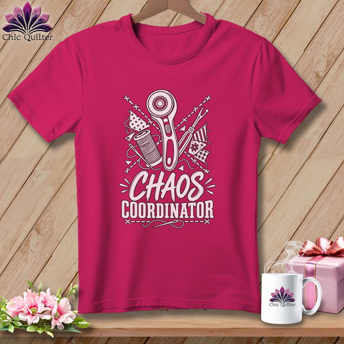 T-shirt with sewing tools graphic and "Chaos Coordinator" text.