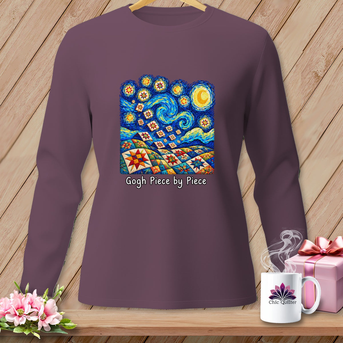 Purple long-sleeve shirt with a Starry Night-inspired quilt design and "Gogh Piece by Piece" text.