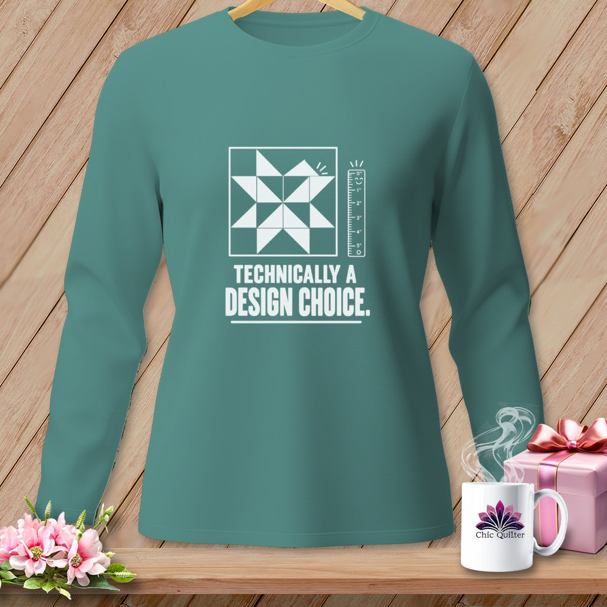 Teal long-sleeve shirt with "Technically a Design Choice" text and quilt block graphic.