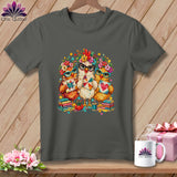 A dark gray t-shirt featuring a colorful graphic of three chickens wearing glasses and floral crowns while holding quilt blocks.