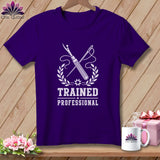 Purple t-shirt with white sewing tools, laurel wreath, and text 