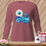 Long sleeve mauve shirt with a colorful sewing machine and fabric design on the chest.