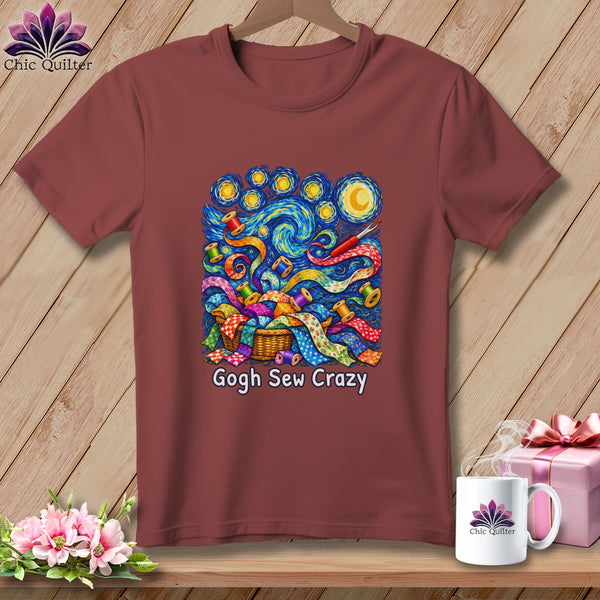 Maroon t-shirt with "Gogh Sew Crazy" text and quilting supplies in Starry Night style.