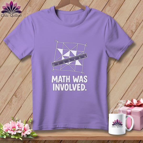 Purple t-shirt with quilting graphic and "MATH WAS INVOLVED" text.