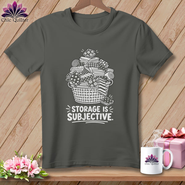 Dark gray t-shirt with a white graphic of a basket overflowing with fabric and text.