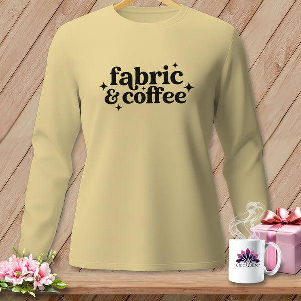 Light yellow long sleeve shirt with "fabric & coffee" text and small stars.