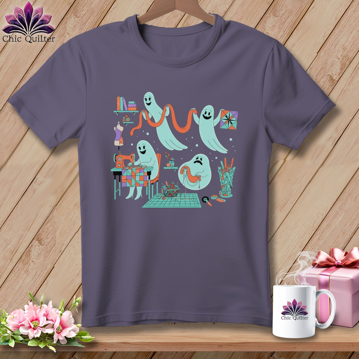T-shirt with ghosts sewing and quilting, on a wooden background with a gift box.