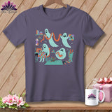 T-shirt with ghosts sewing and quilting, on a wooden background with a gift box.