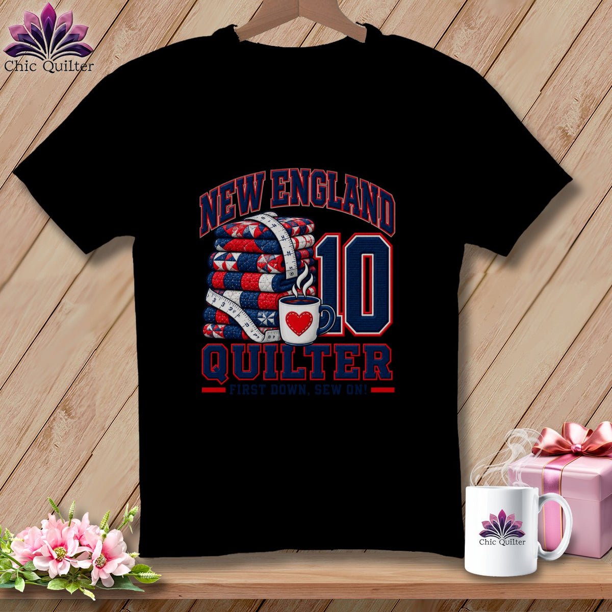 Black t-shirt featuring a red, white, and blue graphic that reads New England Quilter with number 10.