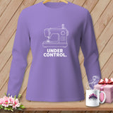 Purple long-sleeve shirt with white sewing machine graphic and 