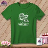 Green t-shirt with white graphic of a rotary cutter and fabric, reading 