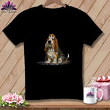 Black t-shirt with a cartoon basset hound tangled in colorful thread.